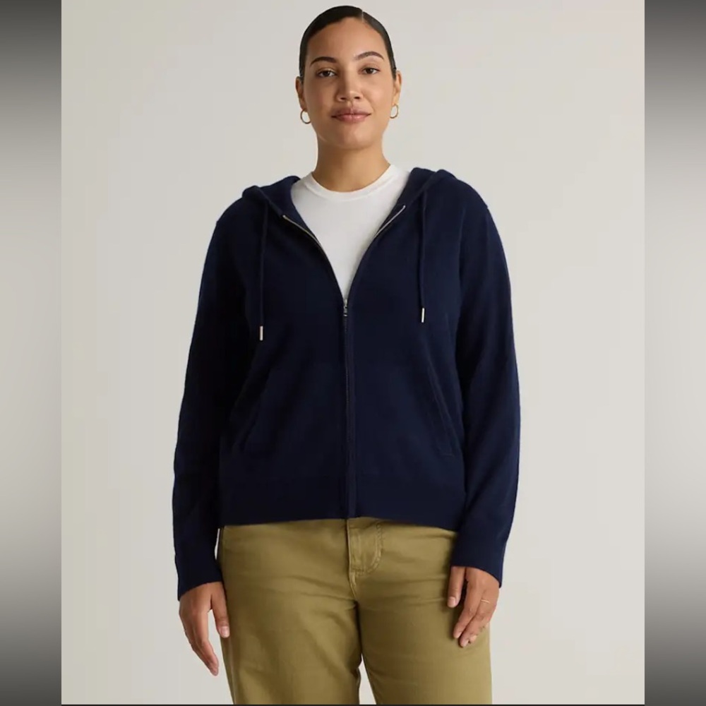 NWOT Quince Women Mongolian Cashmere Full-Zip Hoodie TRUE Navy Sleeved Top M